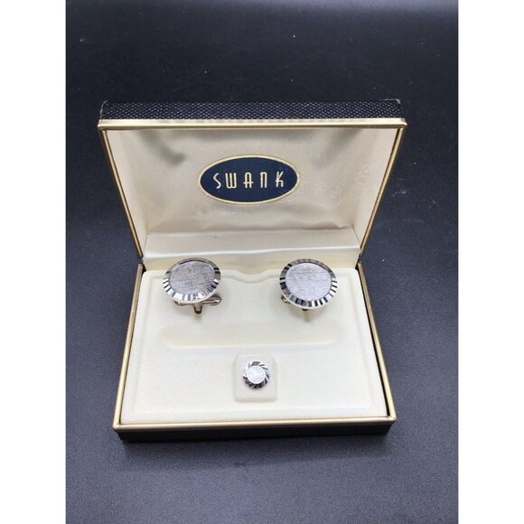 Swank Cufflinks and Tie Tack Set Silver Tone New Old Stock with Original Box - Picture 2 of 6